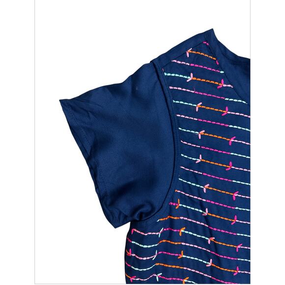 Ateesa Navy Blue Long Strip Embroidery Short Sleeve A-Line Tunic Dress Womens XL - Picture 5 of 8